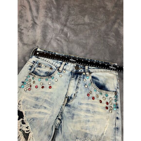 Majestik Jeans Mens Size 30/32 Light Wash Blue Slim Straight Studded Distressed - Picture 9 of 12